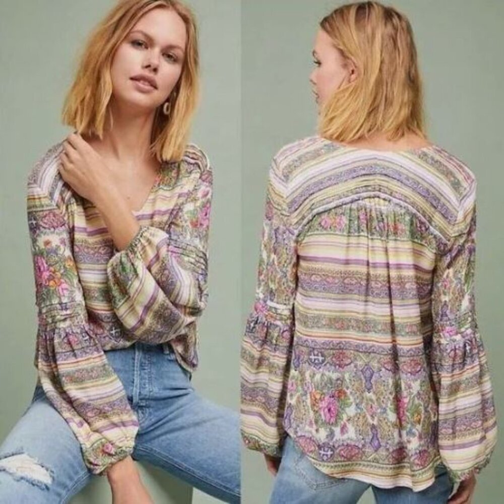 Maeve Pastel Floral Stripe Peasant Blouse - Lavender, Cream, Pink